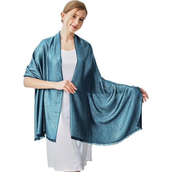 Pashmina Shawl Wraps Scarf Formal - Hollyhock Blue & Gold - Picture 6 of 6